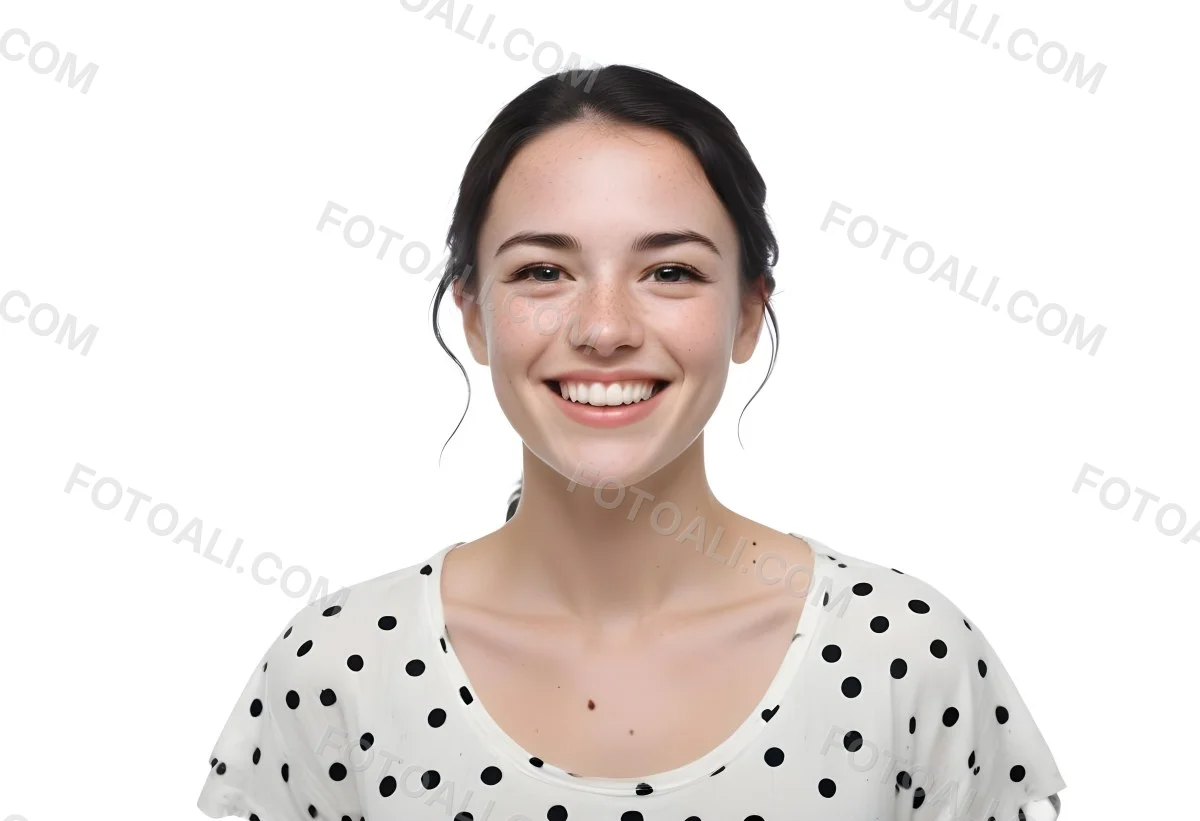 A Caucasian Woman 28 Years Old With Freckles And Black Hair Smiling And Wearing A White Shirt With Black Dots In A Black Background 22 232e
