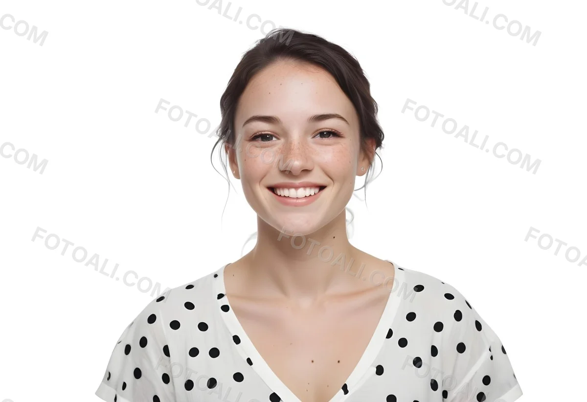 A Caucasian Woman 28 Years Old With Freckles And Black Hair Smiling And Wearing A White Shirt With Black Dots In A Black Background 24 94b9