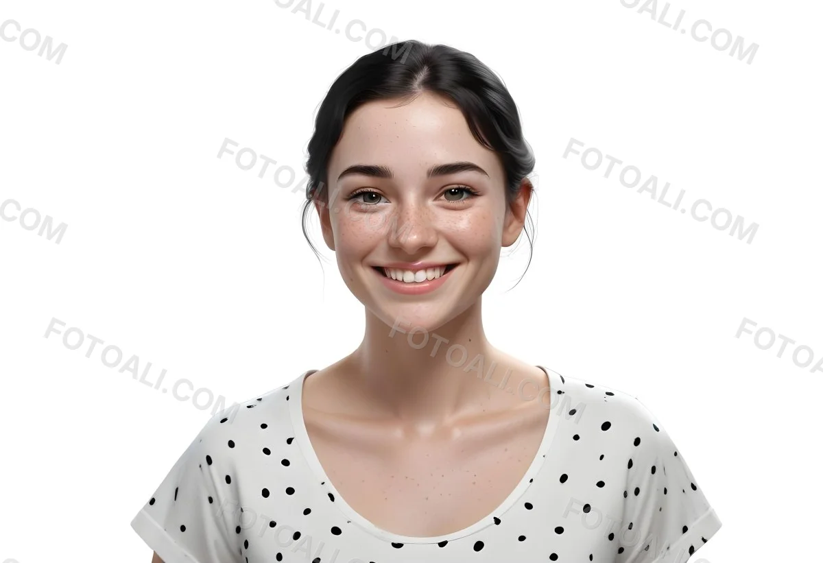 A Caucasian Woman 28 Years Old With Freckles And Black Hair Smiling And Wearing A White Shirt With Black Dots In A Black Background 25 9cf3