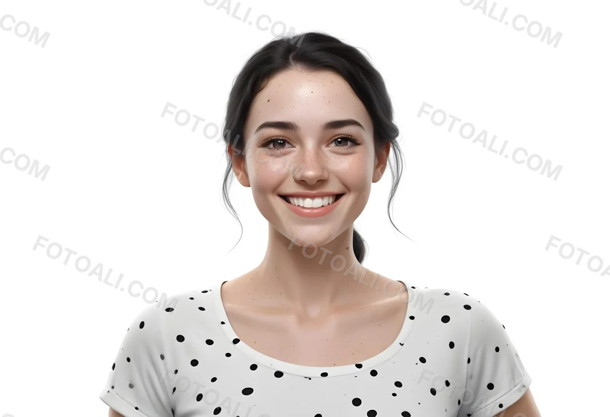 A Caucasian Woman 28 Years Old With Freckles And Black Hair Smiling And Wearing A White Shirt With Black Dots In A Black Background 31 Db0f