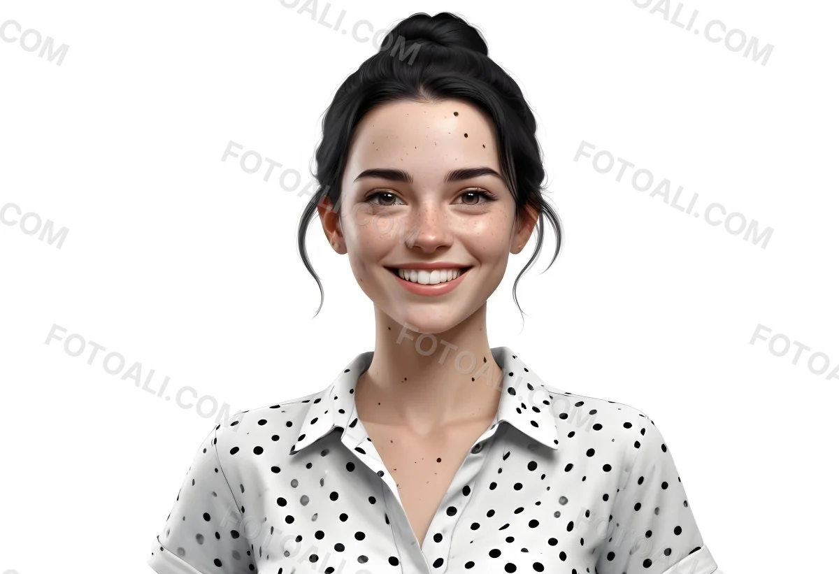 A Caucasian Woman 28 Years Old With Freckles And Black Hair Smiling And Wearing A White Shirt With Black Dots In A Black Background 34 4e0f