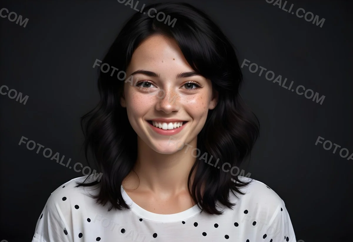 A Caucasian Woman 28 Years Old With Freckles And Black Hair Smiling And Wearing A White Shirt With Black Dots In A Black Background 38 90fb