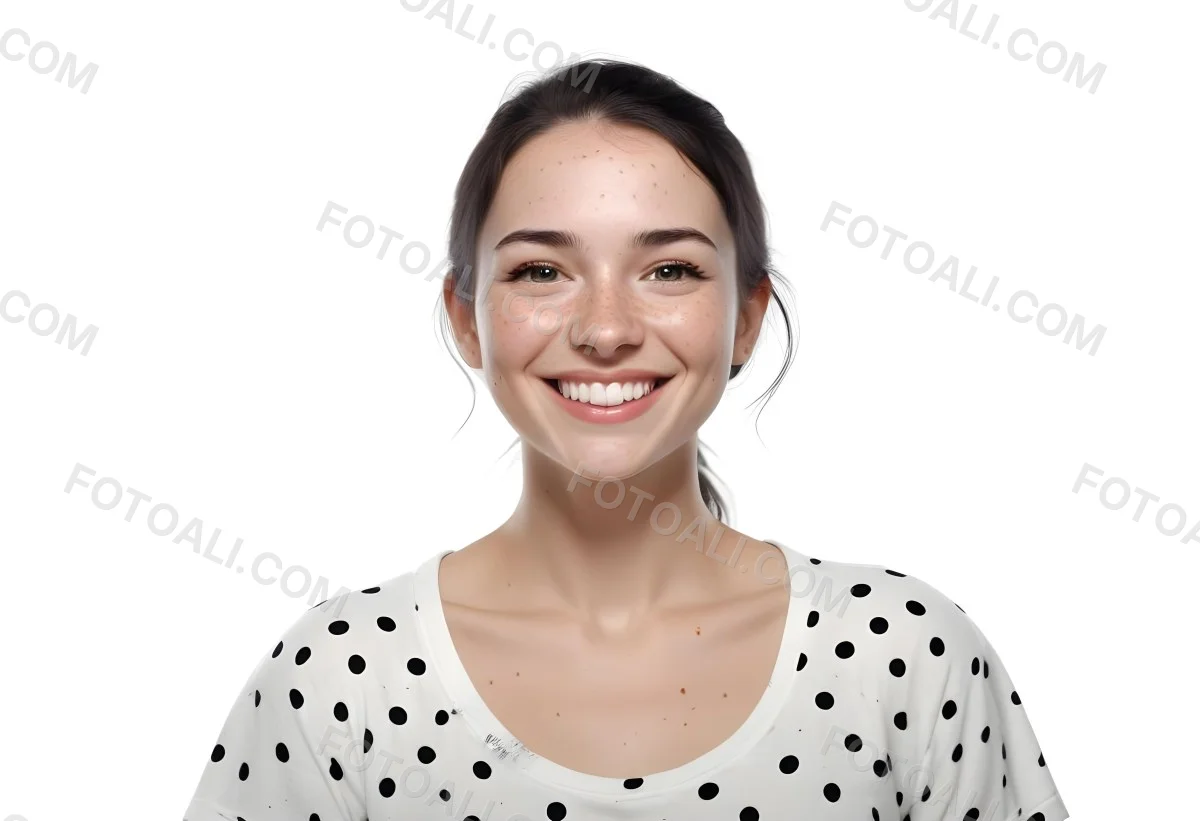 A Caucasian Woman 28 Years Old With Freckles And Black Hair Smiling And Wearing A White Shirt With Black Dots In A Black Background 41 Cae1