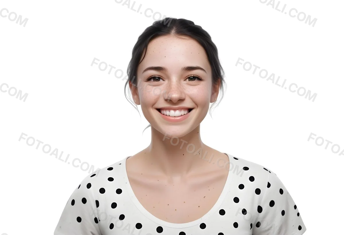 A Caucasian Woman 28 Years Old With Freckles And Black Hair Smiling And Wearing A White Shirt With Black Dots In A Black Background 43 D3e6