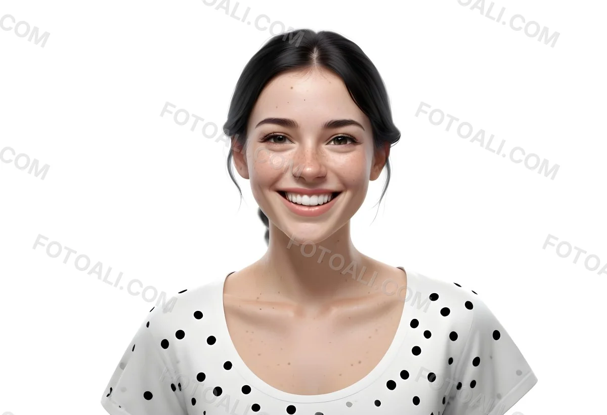 A Caucasian Woman 28 Years Old With Freckles And Black Hair Smiling And Wearing A White Shirt With Black Dots In A Black Background 44 3b59