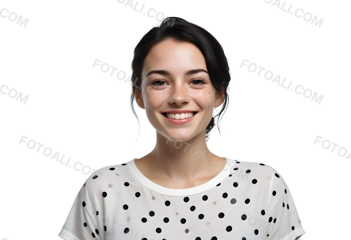 A Caucasian Woman 28 Years Old With Freckles And Black Hair Smiling And Wearing A White Shirt With Black Dots In A Black Background 47 54e2