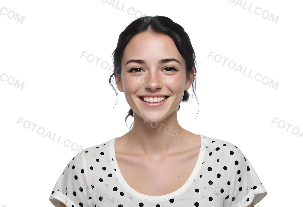 A Caucasian Woman 28 Years Old With Freckles And Black Hair Smiling And Wearing A White Shirt With Black Dots In A Black Background 6 4331
