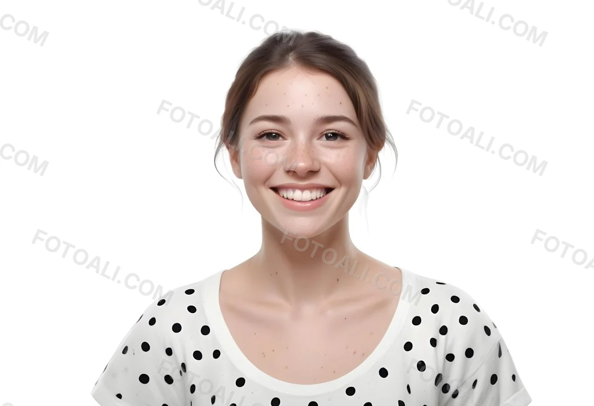 A Caucasian Woman 28 Years Old With Freckles And Black Hair Smiling And Wearing A White Shirt With Black Dots In A Black Background 7 Acb1