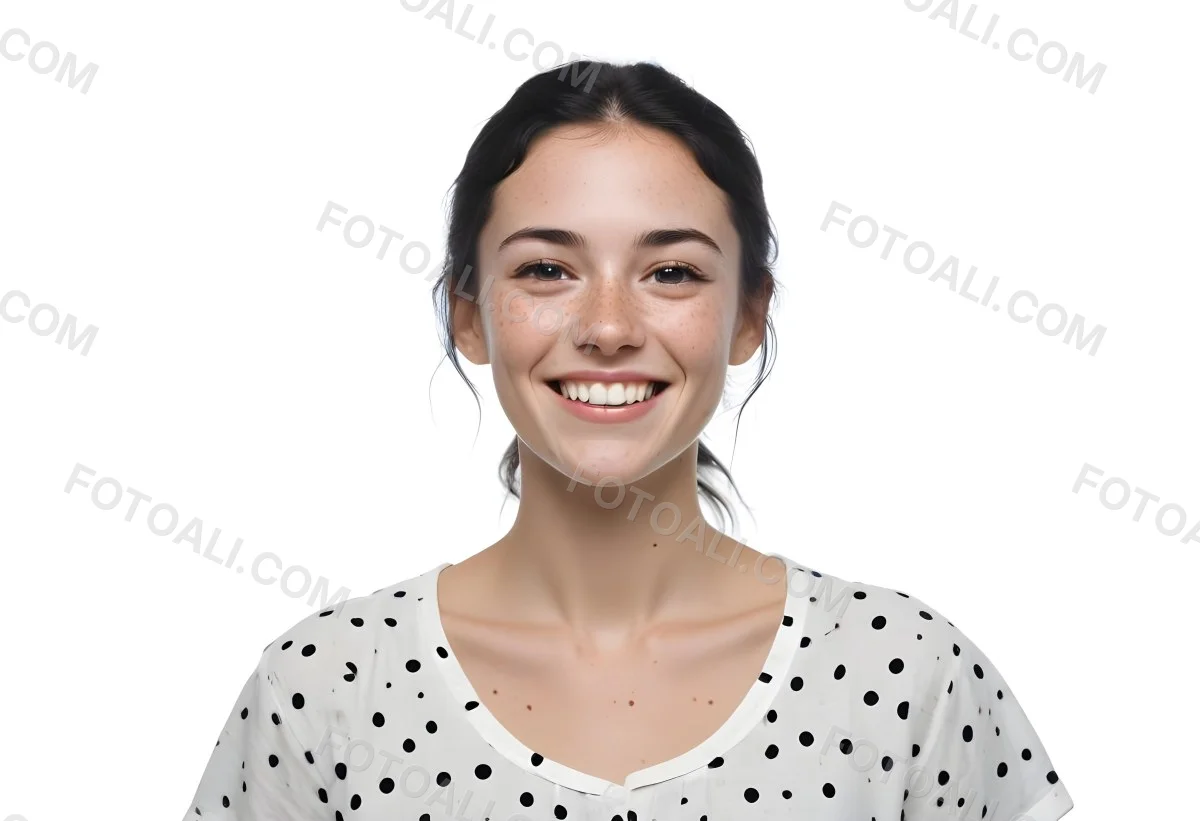A Caucasian Woman 28 Years Old With Freckles And Black Hair Smiling And Wearing A White Shirt With Black Dots In A Black Background 8 424a