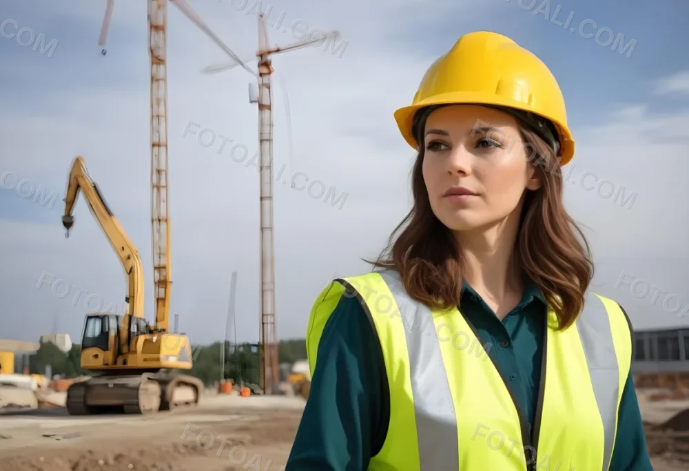 A Caucasian Woman 35 Years Old With Brown Hair Wearing A Yellow Safety Helmet And A Reflective Vest In A Construction Site 11 192d