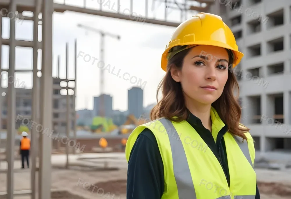 A Caucasian Woman 35 Years Old With Brown Hair Wearing A Yellow Safety Helmet And A Reflective Vest In A Construction Site 12 78c9