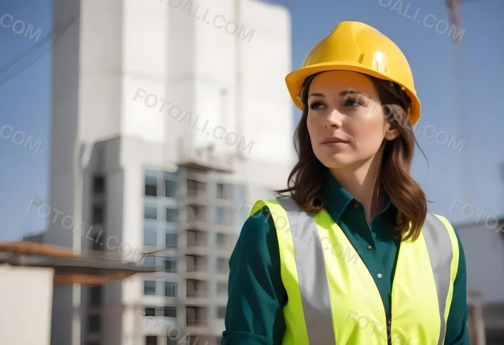 A Caucasian Woman 35 Years Old With Brown Hair Wearing A Yellow Safety Helmet And A Reflective Vest In A Construction Site 13 017b