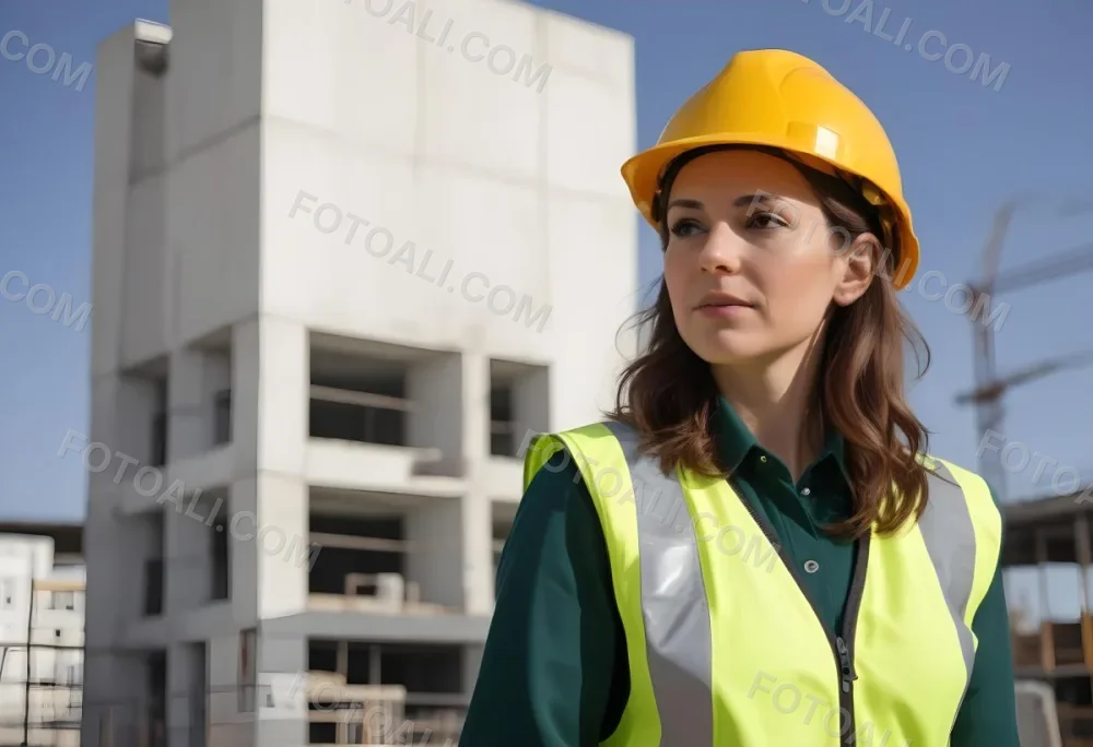 A Caucasian Woman 35 Years Old With Brown Hair Wearing A Yellow Safety Helmet And A Reflective Vest In A Construction Site 2 8164