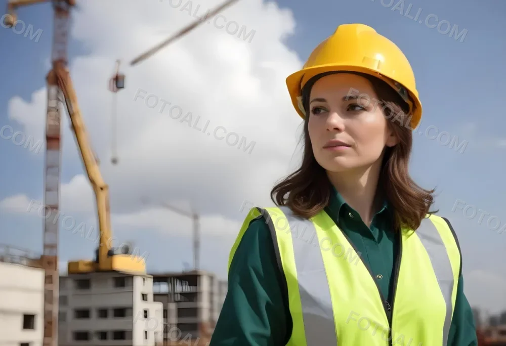A Caucasian Woman 35 Years Old With Brown Hair Wearing A Yellow Safety Helmet And A Reflective Vest In A Construction Site 4 7700