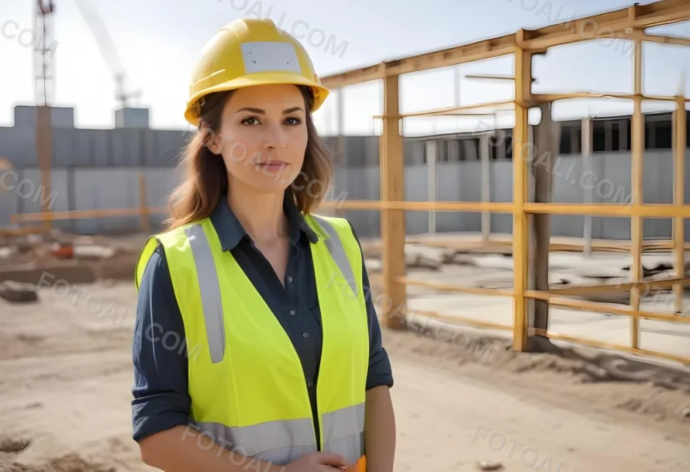 A Caucasian Woman 35 Years Old With Brown Hair Wearing A Yellow Safety Helmet And A Reflective Vest In A Construction Site 5 F429