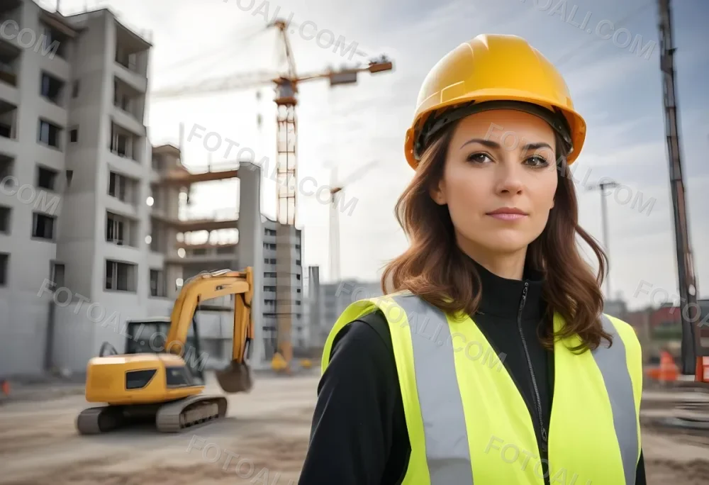 A Caucasian Woman 35 Years Old With Brown Hair Wearing A Yellow Safety Helmet And A Reflective Vest In A Construction Site 6 9273