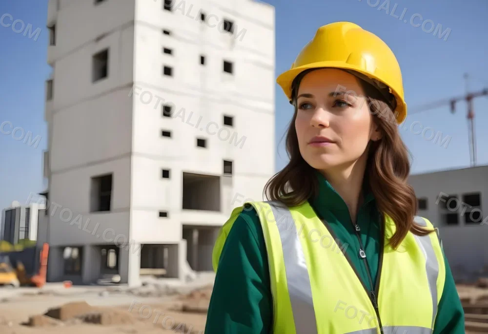 A Caucasian Woman 35 Years Old With Brown Hair Wearing A Yellow Safety Helmet And A Reflective Vest In A Construction Site 7 3058