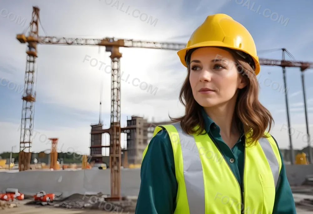 A Caucasian Woman 35 Years Old With Brown Hair Wearing A Yellow Safety Helmet And A Reflective Vest In A Construction Site 8 F807