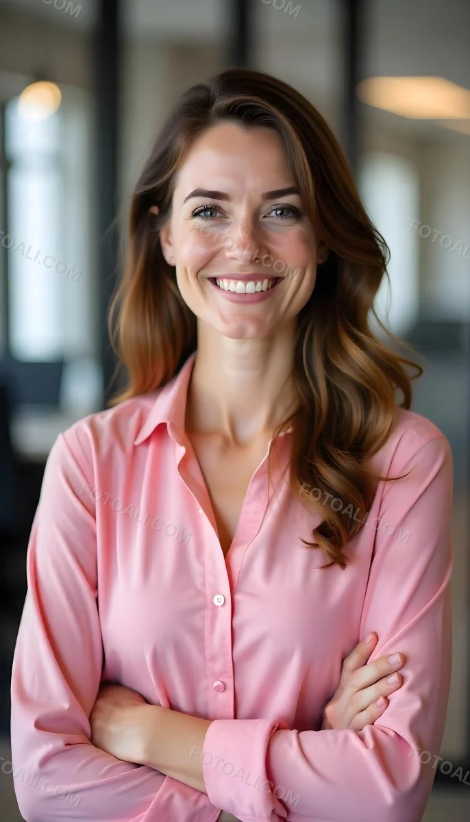 A Caucasian Woman Age 25 Brown Hair Wearing A Pink Shirt Smiling In An Office 19 5cf8