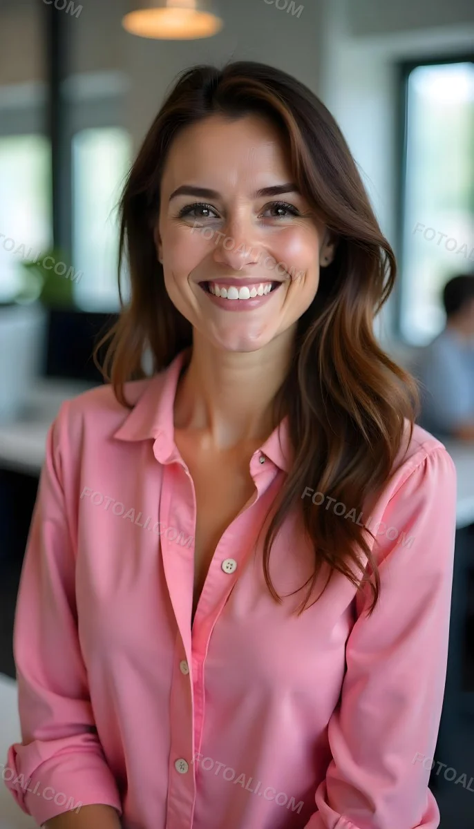 A Caucasian Woman Age 25 Brown Hair Wearing A Pink Shirt Smiling In An Office 20 2469