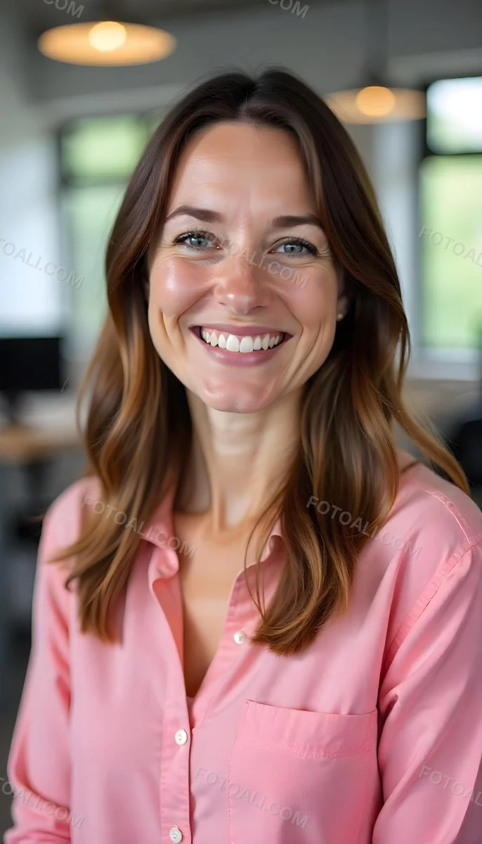 A Caucasian Woman Age 25 Brown Hair Wearing A Pink Shirt Smiling In An Office 21 5535