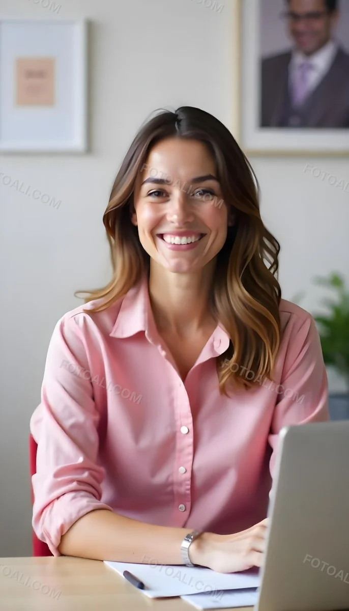 A Caucasian Woman Age 25 Brown Hair Wearing A Pink Shirt Smiling In An Office 4 57cd