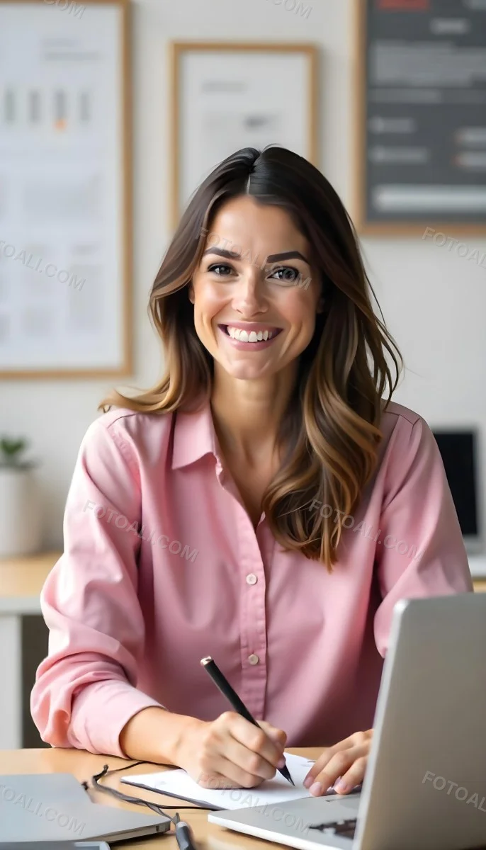 A Caucasian Woman Age 25 Brown Hair Wearing A Pink Shirt Smiling In An Office 7 A444