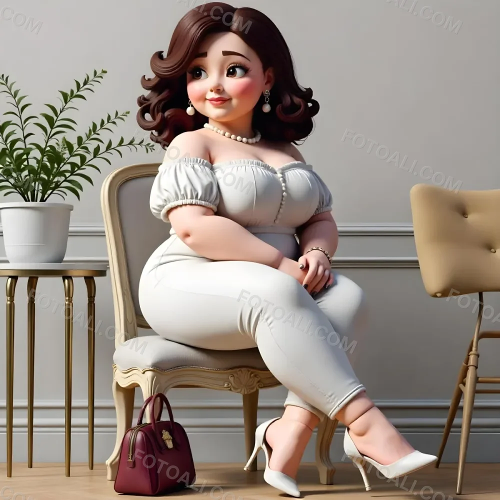 A Caucasian Woman Age 30 With Brown Hair Wearing A White Dress And White Pants Sitting On A Chair With A Purse In A Room With Plants 4 Cbad