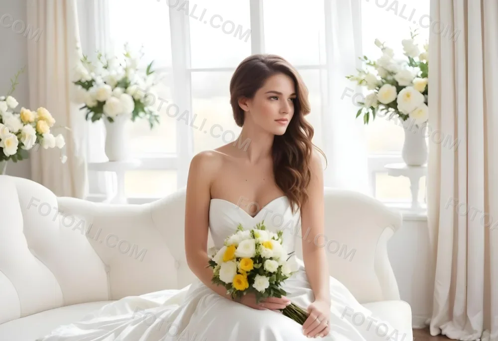 A Caucasian Woman In Her Late 20s With Long Wavy Brown Hair Wearing A Strapless White Wedding Gown She Is Seated On A Light Colored Sofa Holding A Bouquet Of Yellow And White Flowers The Background Features Large Wi 1 2ca3