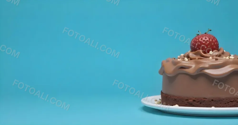 A Chocolate Cake With Chocolate Frosting On A White Plate Plain Blue Background Studio Shot Minimalist Food Photography 11 78f3