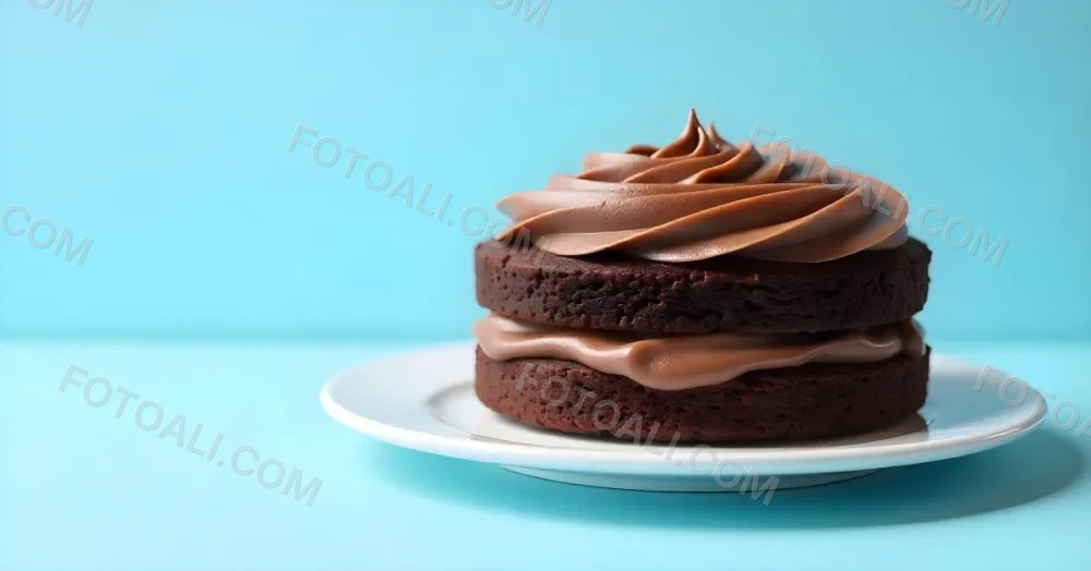 A Chocolate Cake With Chocolate Frosting On A White Plate Plain Blue Background Studio Shot Minimalist Food Photography 12 04f4