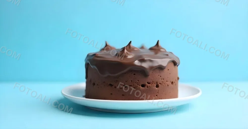 A Chocolate Cake With Chocolate Frosting On A White Plate Plain Blue Background Studio Shot Minimalist Food Photography 13 004d