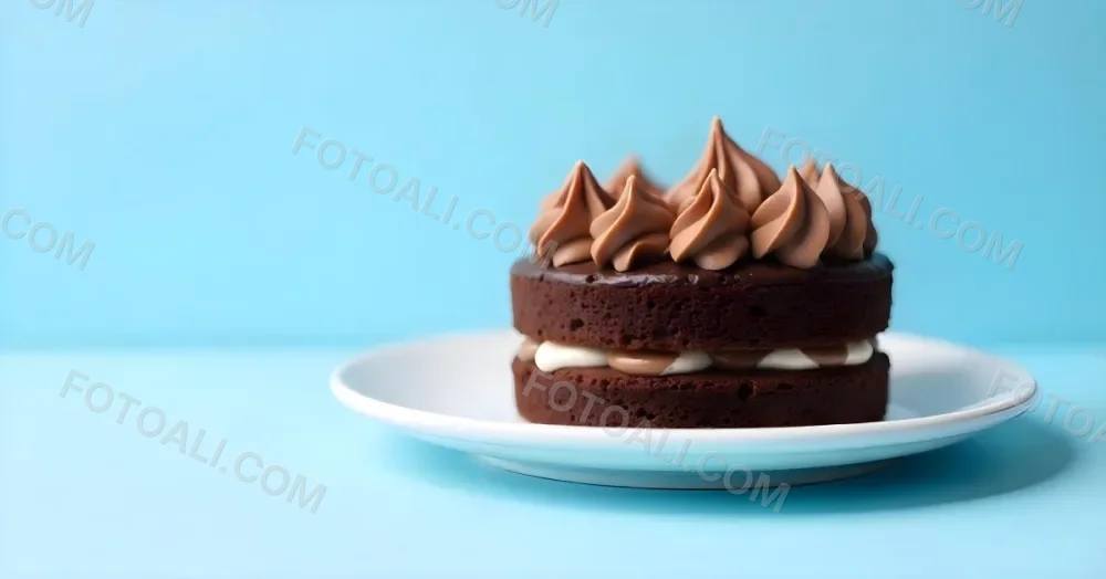A Chocolate Cake With Chocolate Frosting On A White Plate Plain Blue Background Studio Shot Minimalist Food Photography 15 5885