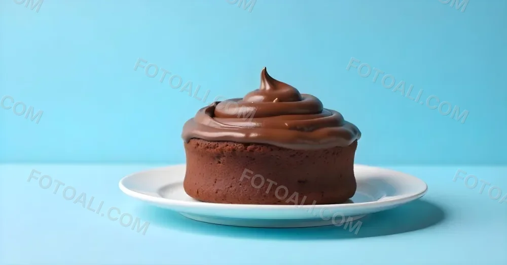 A Chocolate Cake With Chocolate Frosting On A White Plate Plain Blue Background Studio Shot Minimalist Food Photography 16 D8b6