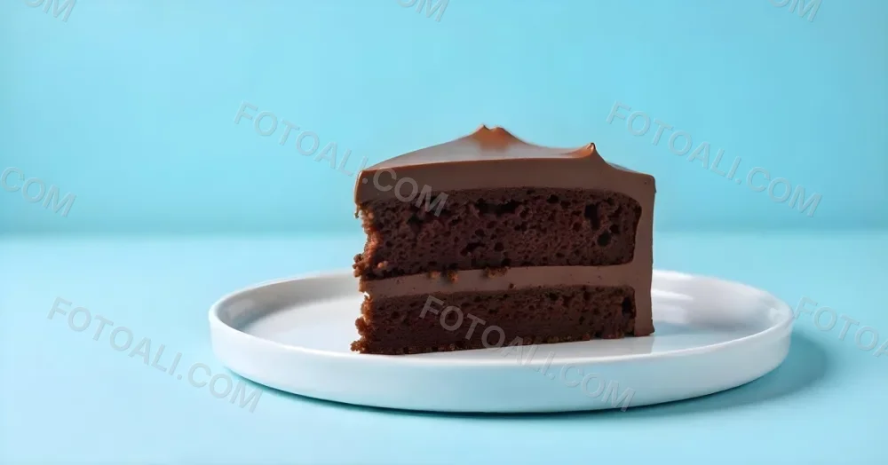 A Chocolate Cake With Chocolate Frosting On A White Plate Plain Blue Background Studio Shot Minimalist Food Photography 18 8faf