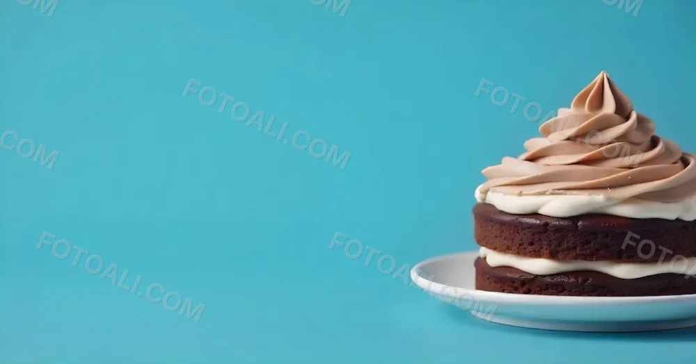A Chocolate Cake With Chocolate Frosting On A White Plate Plain Blue Background Studio Shot Minimalist Food Photography 2 8a96