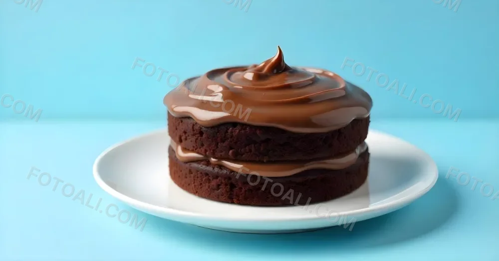 A Chocolate Cake With Chocolate Frosting On A White Plate Plain Blue Background Studio Shot Minimalist Food Photography 3 58aa