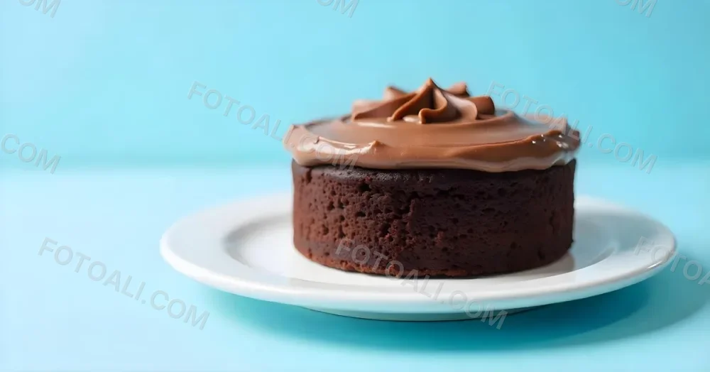 A Chocolate Cake With Chocolate Frosting On A White Plate Plain Blue Background Studio Shot Minimalist Food Photography 4 0795