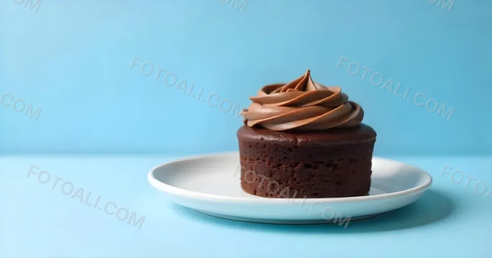 A Chocolate Cake With Chocolate Frosting On A White Plate Plain Blue Background Studio Shot Minimalist Food Photography 5 74ff