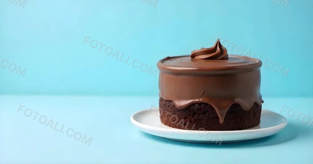 A Chocolate Cake With Chocolate Frosting On A White Plate Plain Blue Background Studio Shot Minimalist Food Photography 8 B368