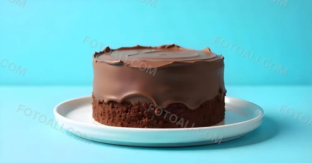 A Chocolate Cake With Chocolate Frosting On A White Plate Plain Blue Background Studio Shot Minimalist Food Photography 9 03b8