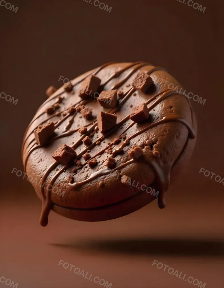 A Chocolate Cookie With Chocolate Syrup Dripping Down And Chocolate Crumbs On Top Floating In A Brown Background 15 B482