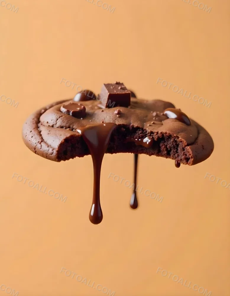 A Chocolate Cookie With Chocolate Syrup Dripping Down And Chocolate Crumbs On Top Floating In A Brown Background 19 5e8f