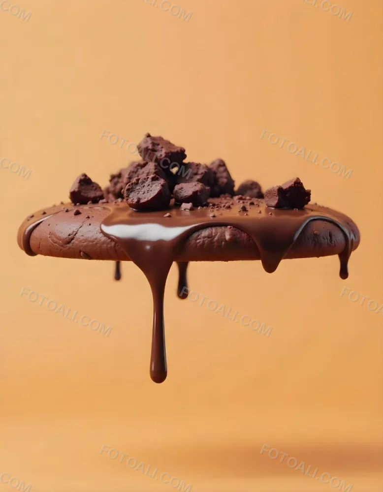 A Chocolate Cookie With Chocolate Syrup Dripping Down And Chocolate Crumbs On Top Floating In A Brown Background 23 1738