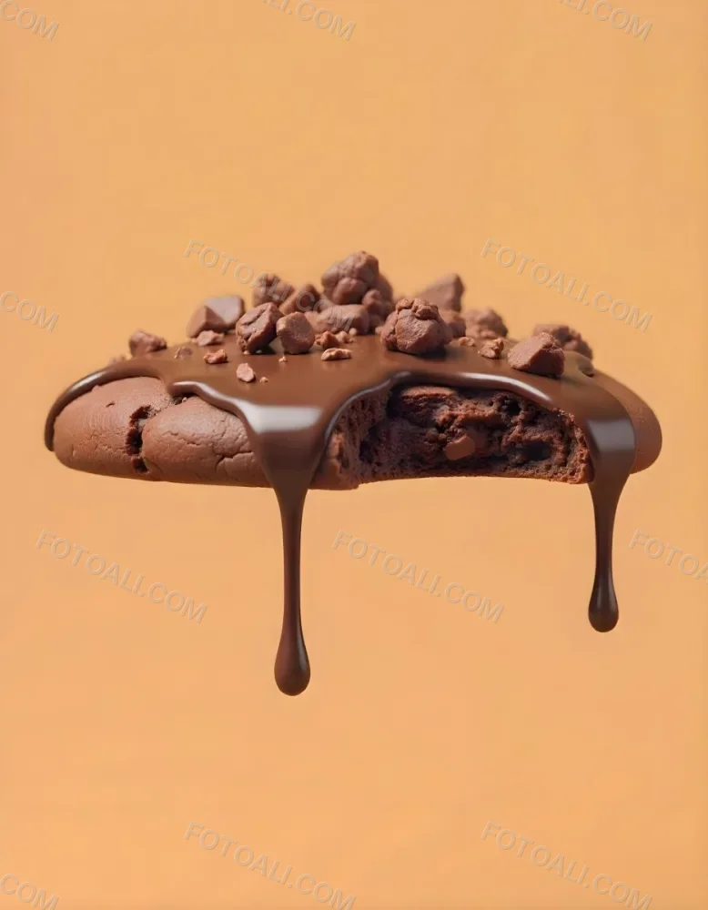 A Chocolate Cookie With Chocolate Syrup Dripping Down And Chocolate Crumbs On Top Floating In A Brown Background 24 A0fb