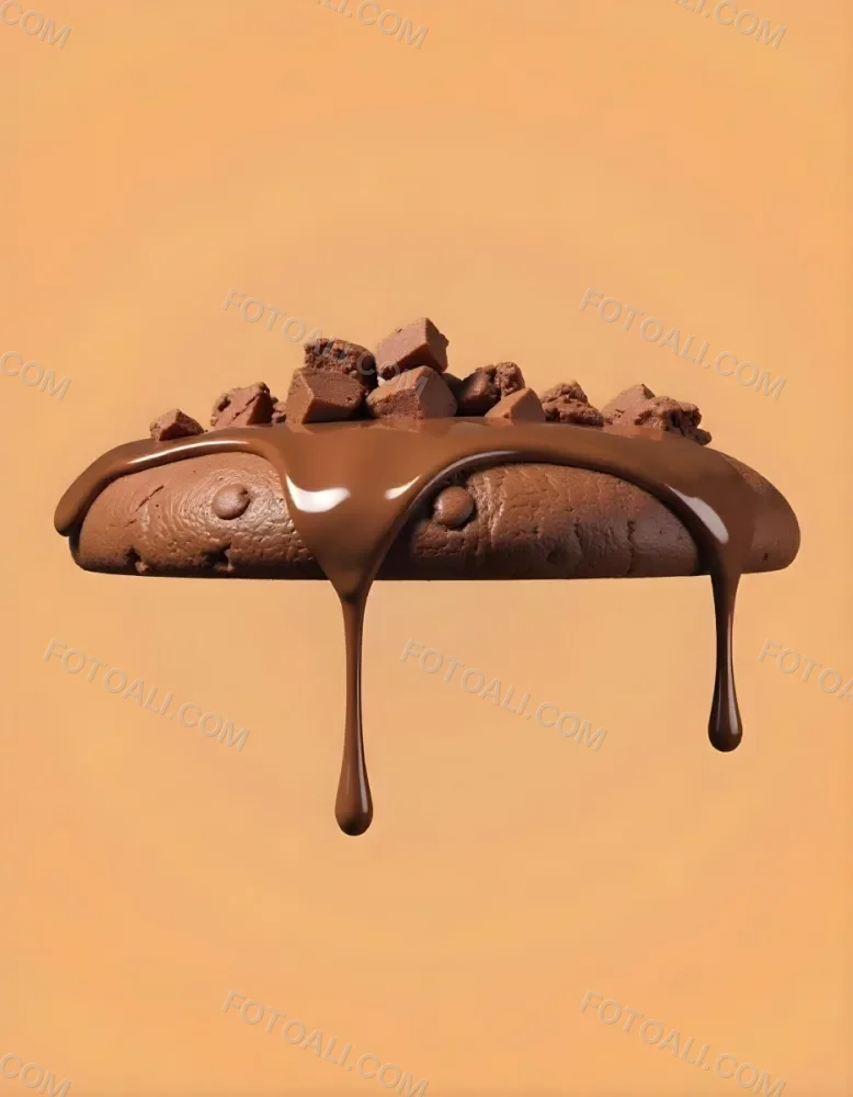 A Chocolate Cookie With Chocolate Syrup Dripping Down And Chocolate Crumbs On Top Floating In A Brown Background 27 Dc53