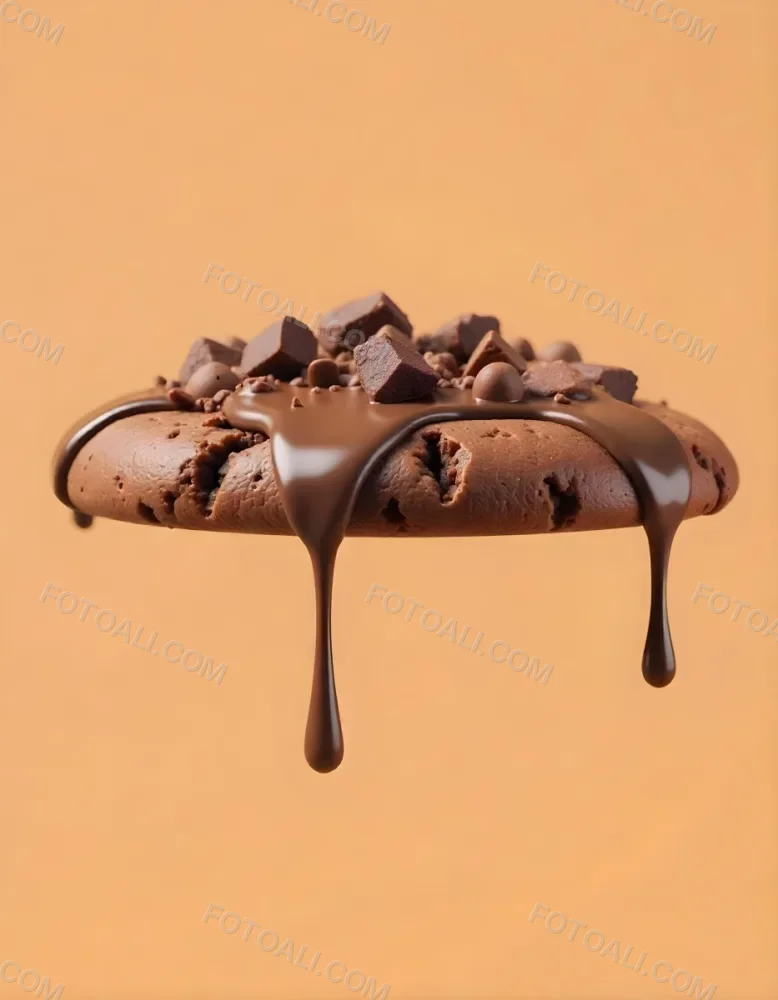 A Chocolate Cookie With Chocolate Syrup Dripping Down And Chocolate Crumbs On Top Floating In A Brown Background 28 D015
