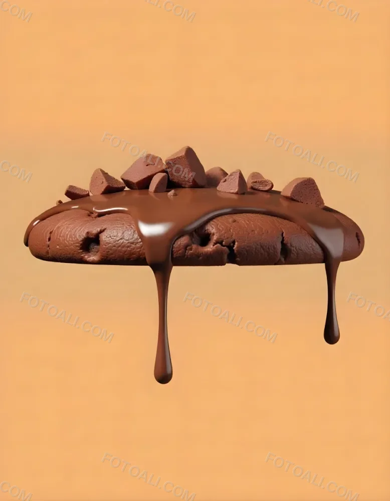 A Chocolate Cookie With Chocolate Syrup Dripping Down And Chocolate Crumbs On Top Floating In A Brown Background 31 1fdd