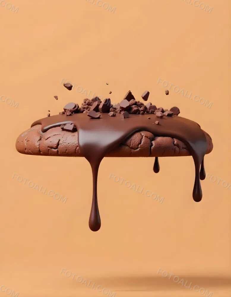 A Chocolate Cookie With Chocolate Syrup Dripping Down And Chocolate Crumbs On Top Floating In A Brown Background 32 D56f