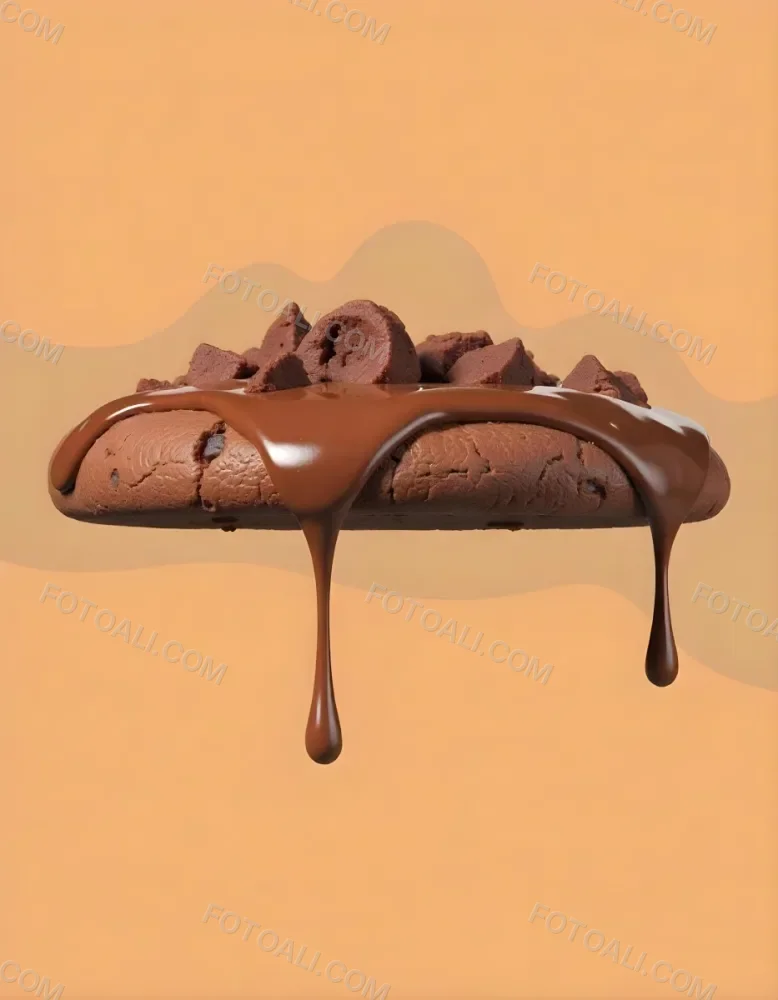 A Chocolate Cookie With Chocolate Syrup Dripping Down And Chocolate Crumbs On Top Floating In A Brown Background 33 6e05